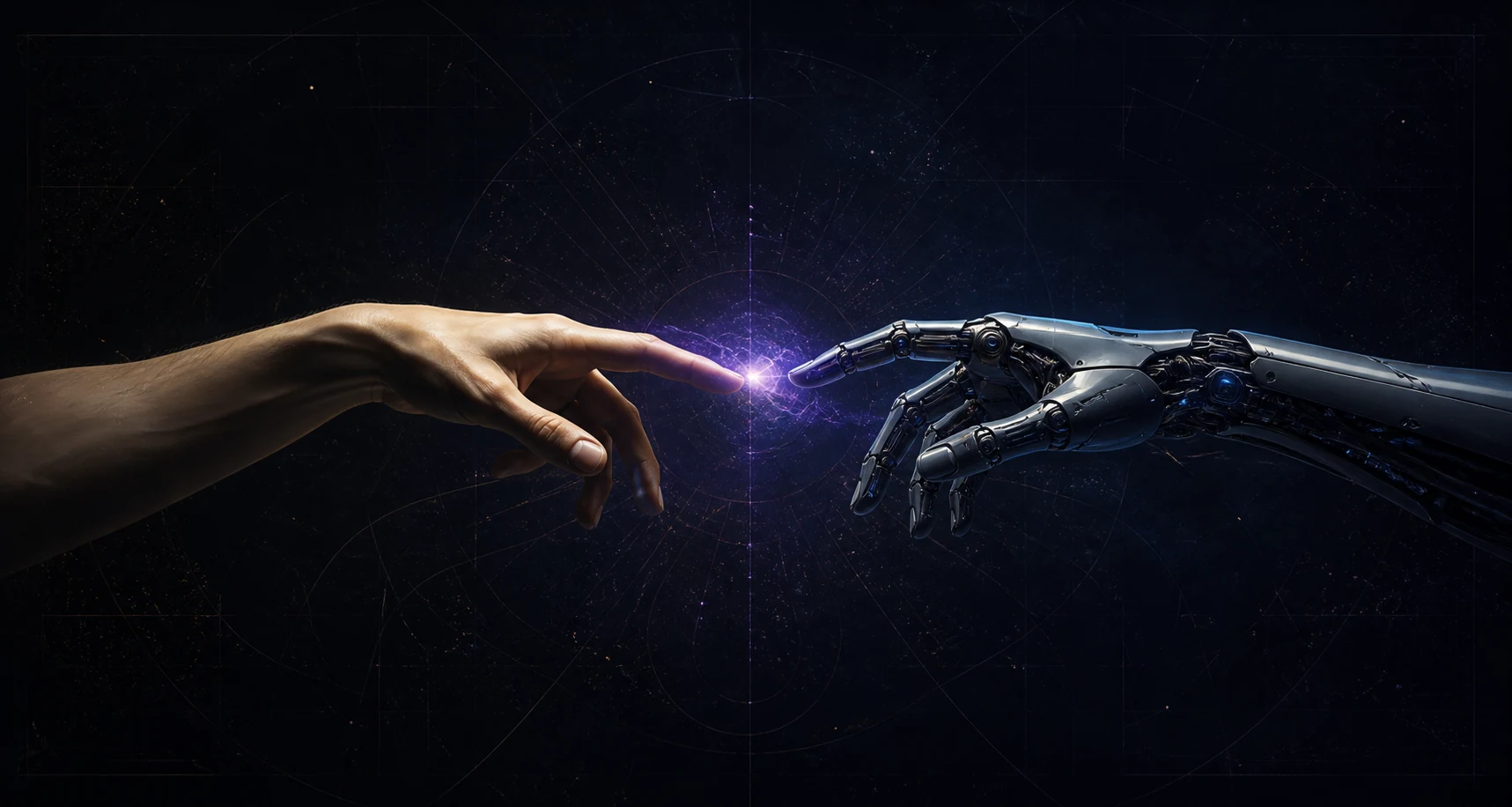A human hand reaching toward an intelligent robotic hand
